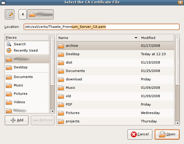 Selecting the Thawte_Premium_Server certificate